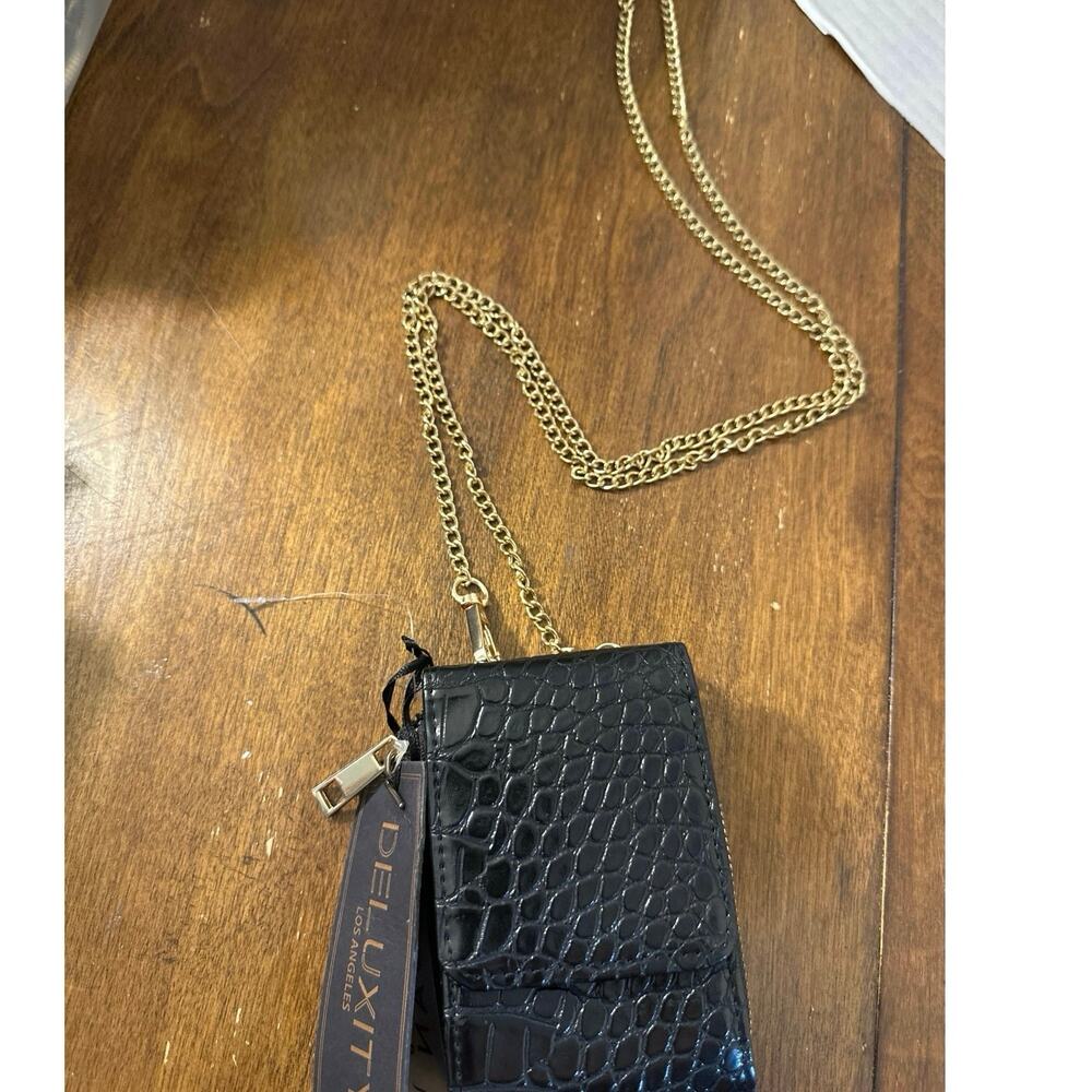 Deluxit Los Angeles black crocodile-embossed vegan leather crossbody w/ chain